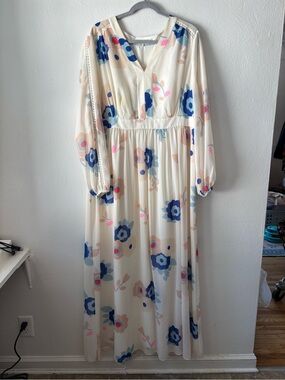 Boden Cream Maxi Dress with Blue and Pink Floral Print